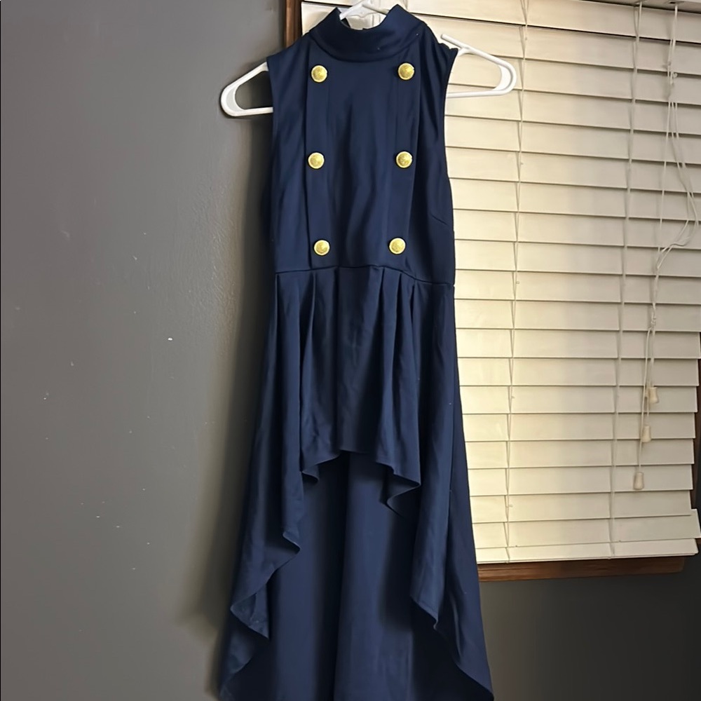 Navy Sleeveless High Low Top with Gold Buttons